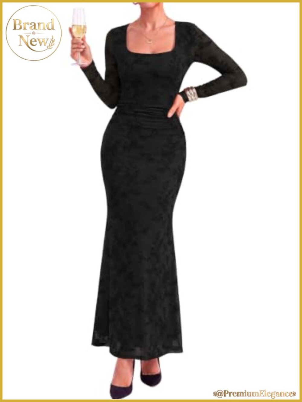 PRETTYGARDEN Floral Mesh Maxi Dress Mermaid Square Neck Long Sleeve Wedding